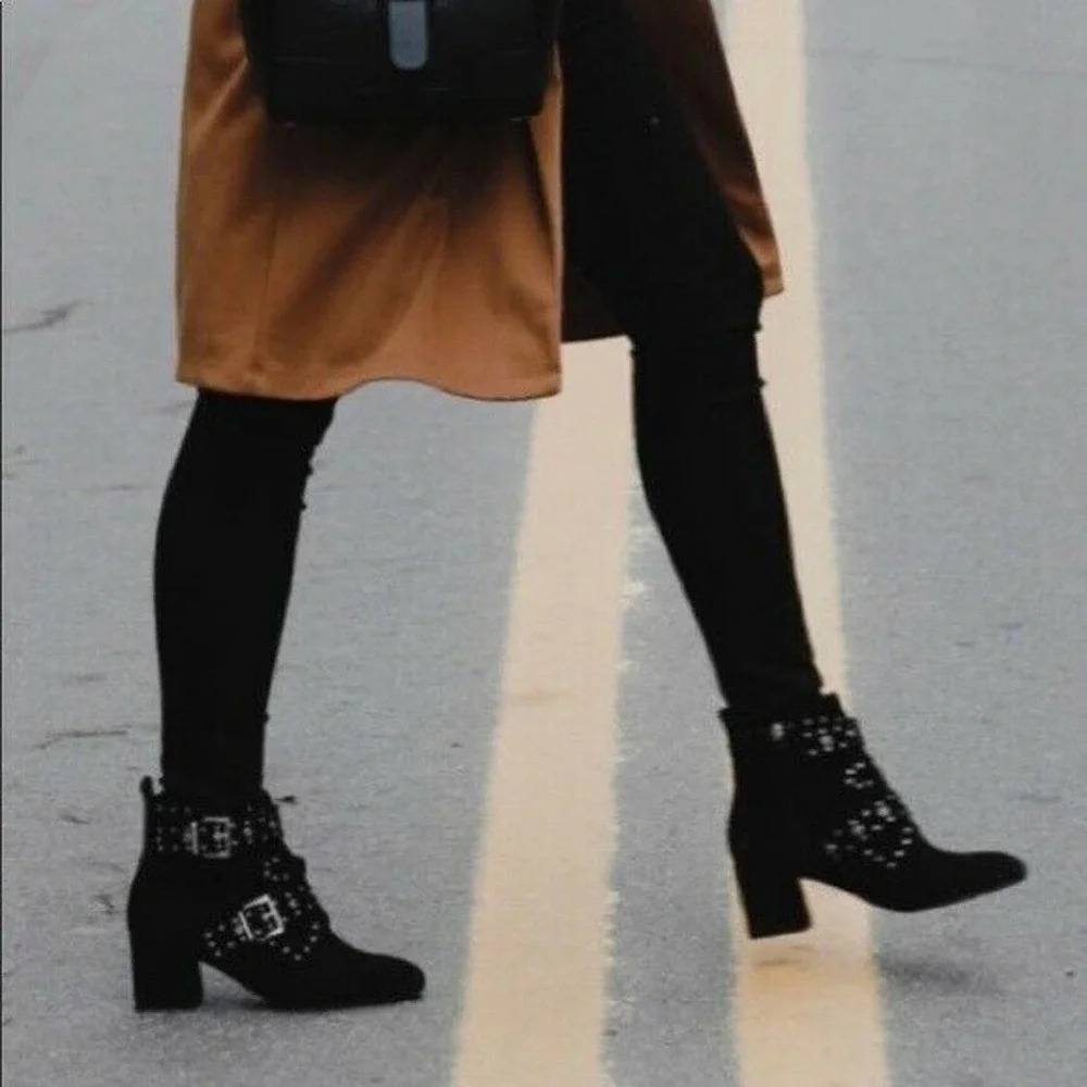 Rebecca Minkoff‎ Logan Studded Booties Shoes Sz 7.5 Black Suede Buckle Strap Zip